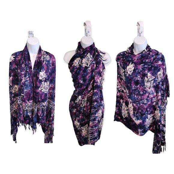 Purple Batik Tie-Dye Beach Coverup - Fringed Sarong Wrap - Picture 4 of 7